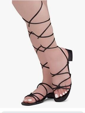 ShoeLand Danica Black Faux Leather Strappy Lace-Up Going Out Sandals